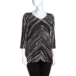 Bob Mackie Black Gray White V-Neck Wearable Art Striped Tunic Medium
